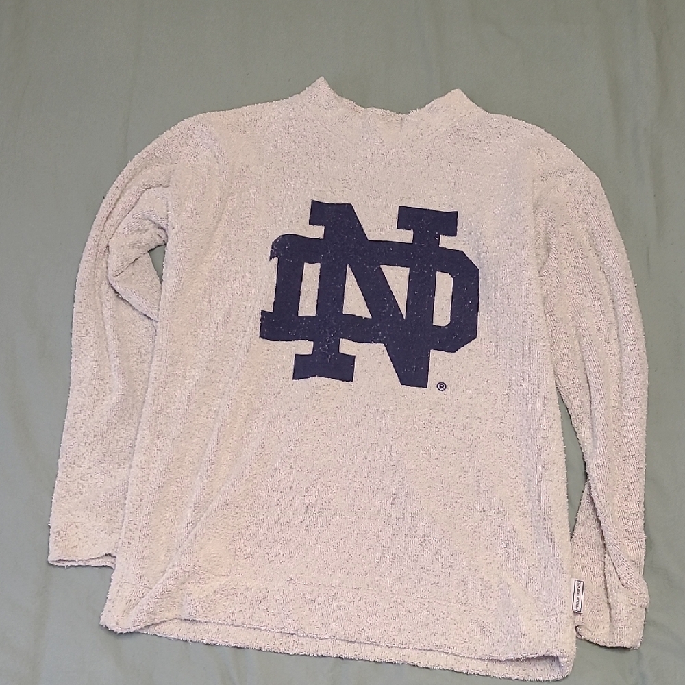 Blue and White Crew Neck Sweater with Notre Dame Logo